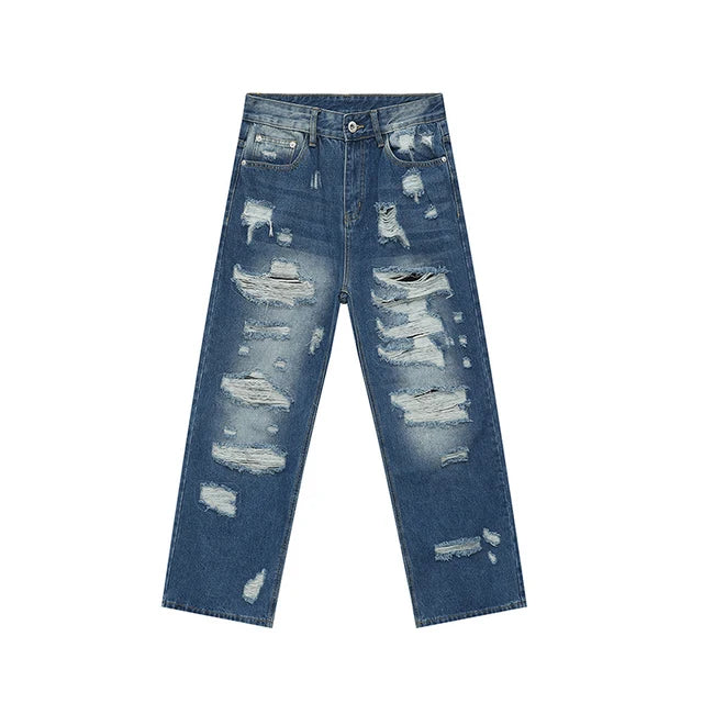 Blue Denim Ripped Loose Decor Jeans