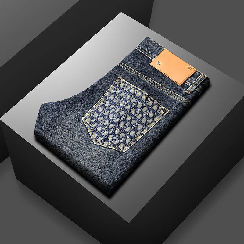 Embroidery Letter Pocket Blue Jeans
