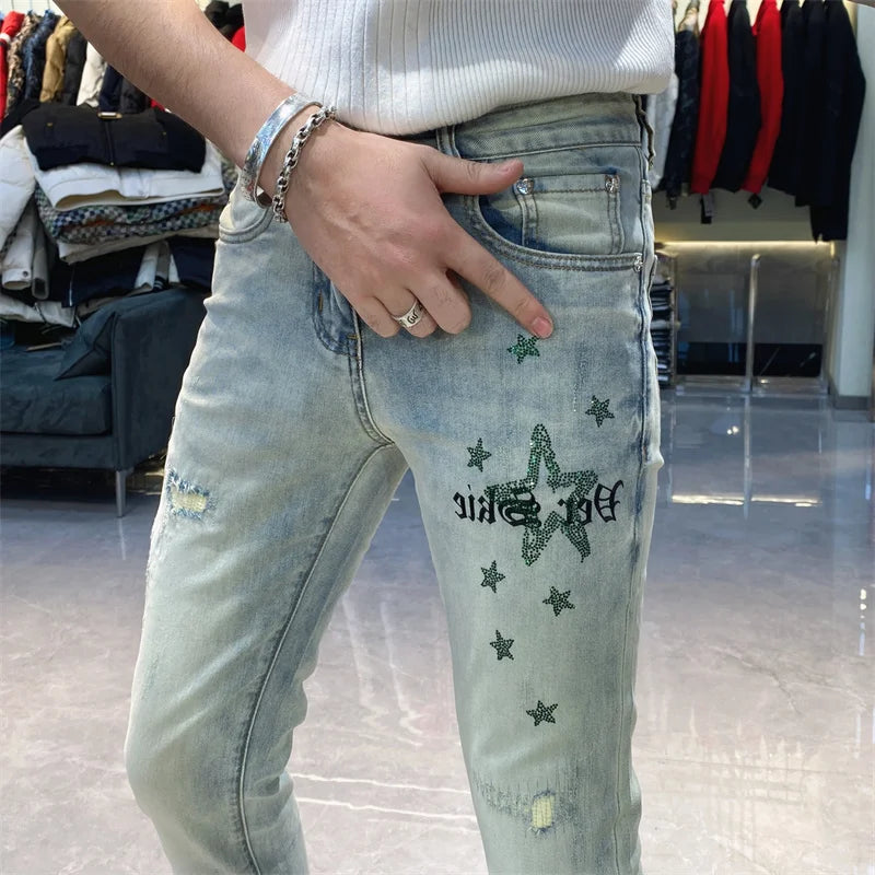 Light Blue Street Fashion Star Letter Jeans