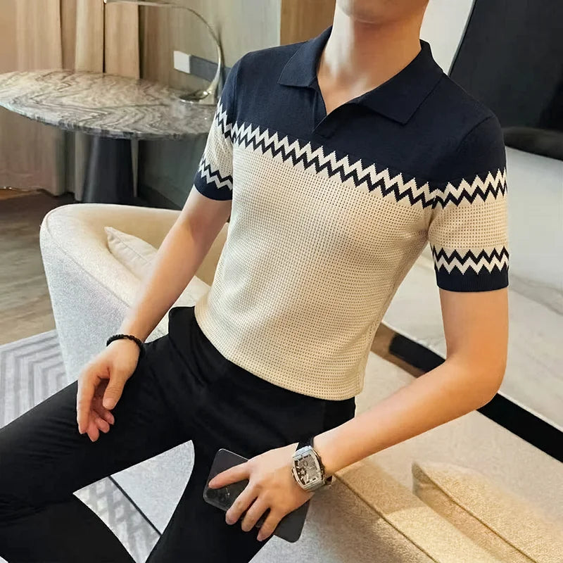 Zig-Zag Striped Knitted Polo Shirt