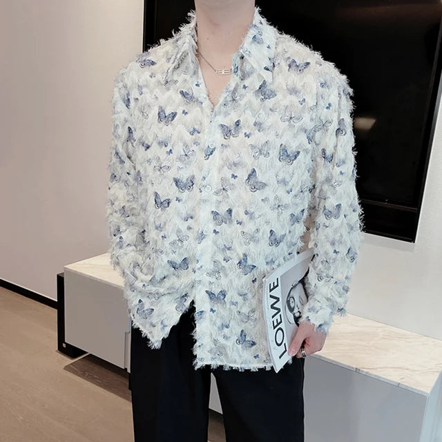 Colorful Butterfly Printed Tassel Shirt