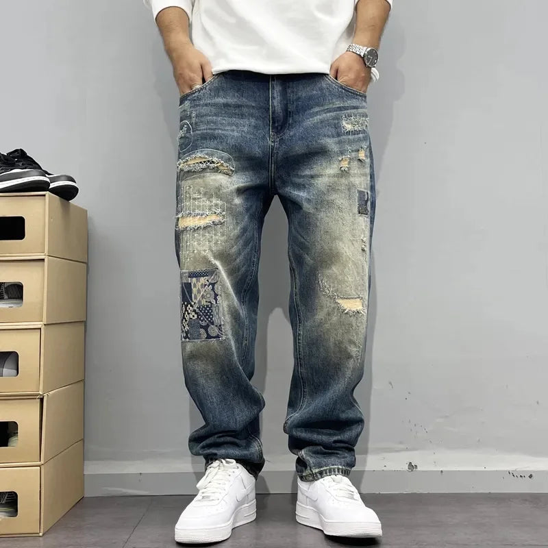 Vintage Distressed Patchwork Ripped Jeans