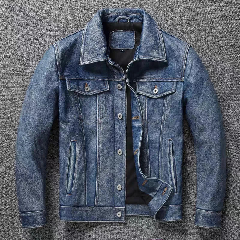 Light Blue Washed Denim Leather Jacket