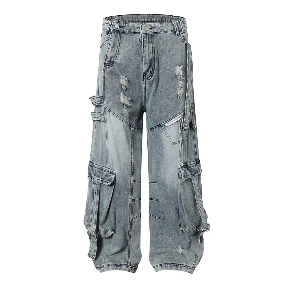Distressed Hole Washed Blue Baggy Jeans