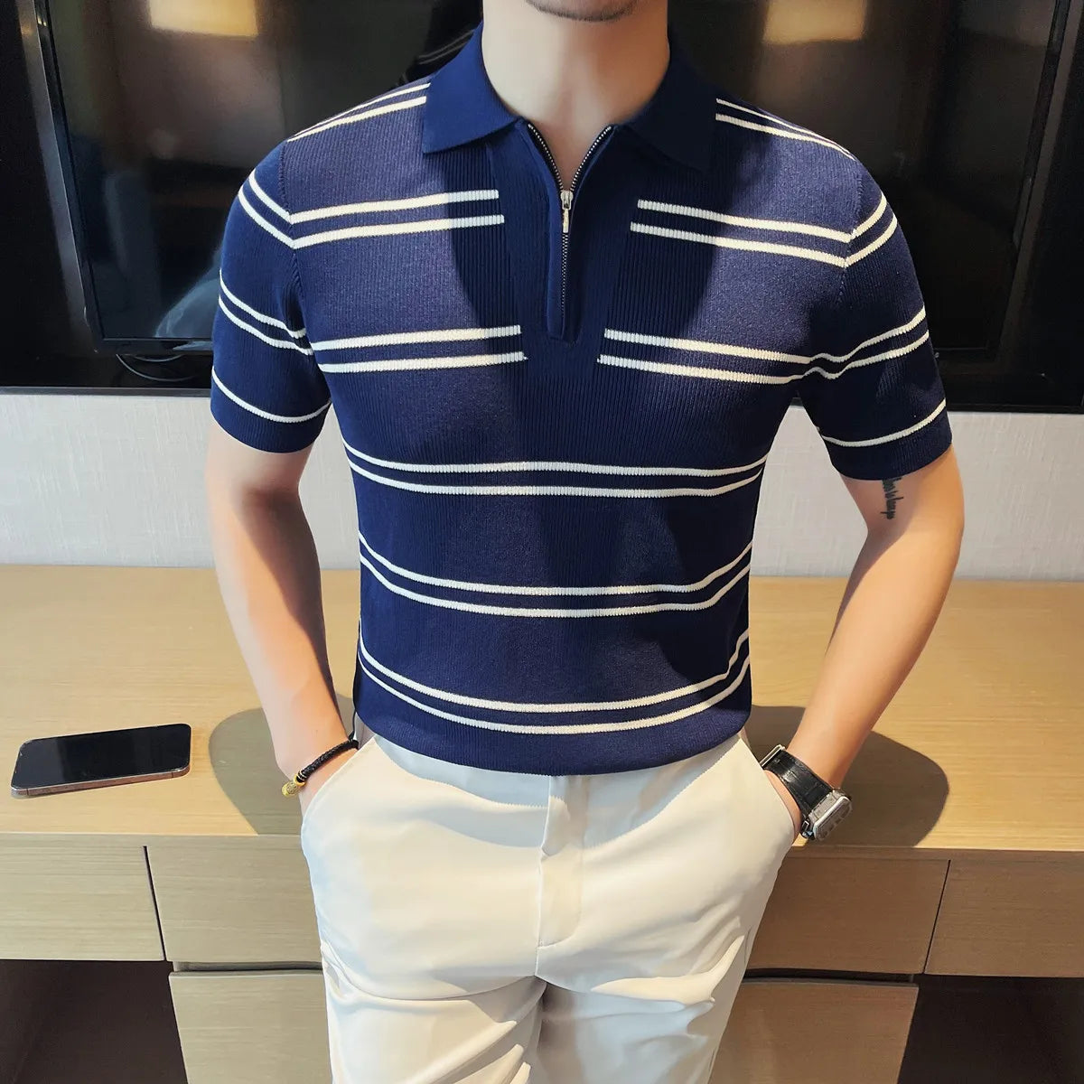 Casual Striped Knitted Short-Sleeved Polo Shirt