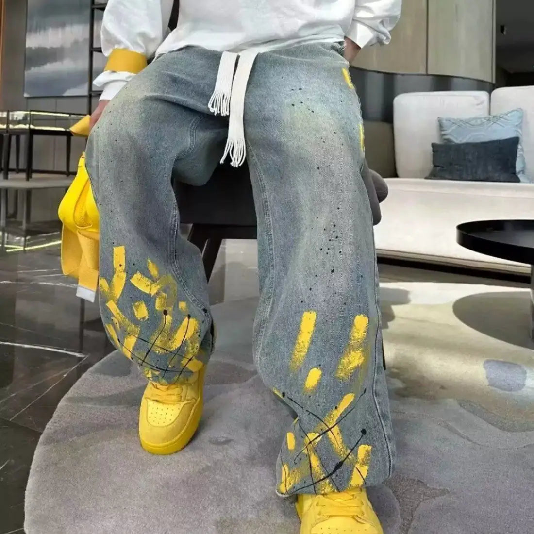 Yellow Painted Design Casual Jeans