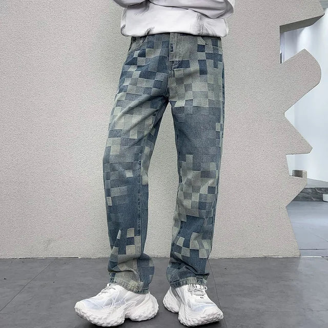 Check Jacquard Denim Loose Jeans