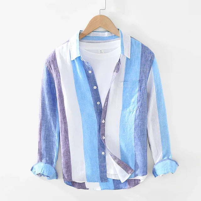 Linen Long-Sleeved Color Block Shirt