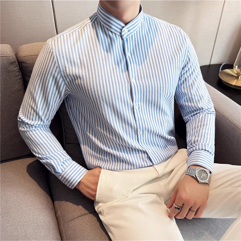 Vertical Striped Stand-up Collar Shirt