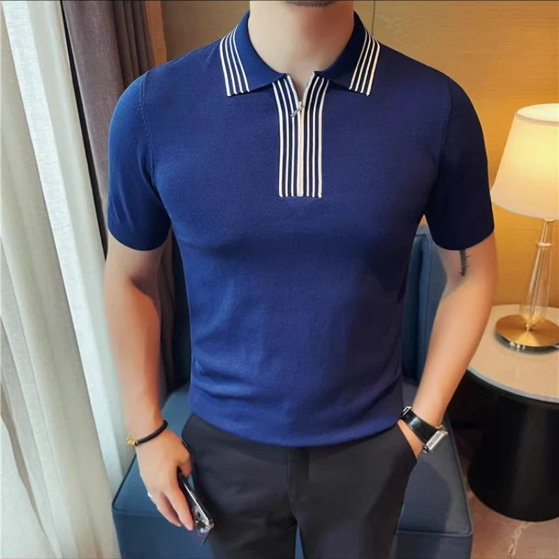 Striped Lapel Slim-Fit Men Polo Shirt