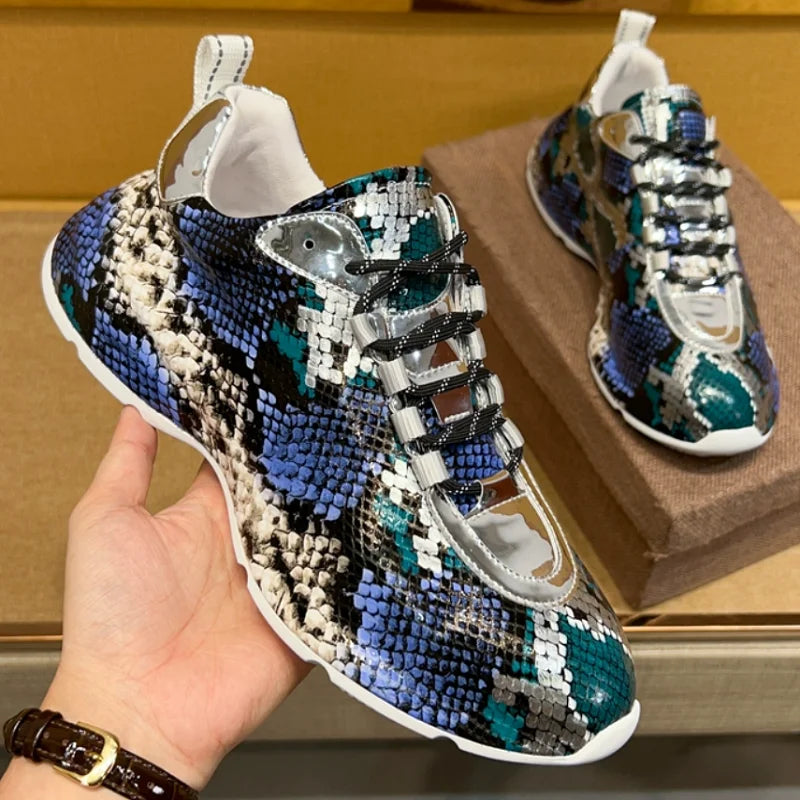 Snakeskin Leather Lace-Up Sneakers