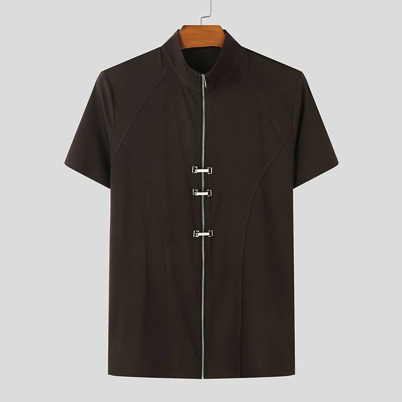 Solid Metal Buckle Zipper T-Shirt