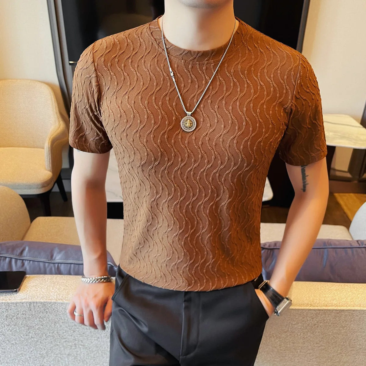 Slim-Fit Striped Ruffian Fashion Tee