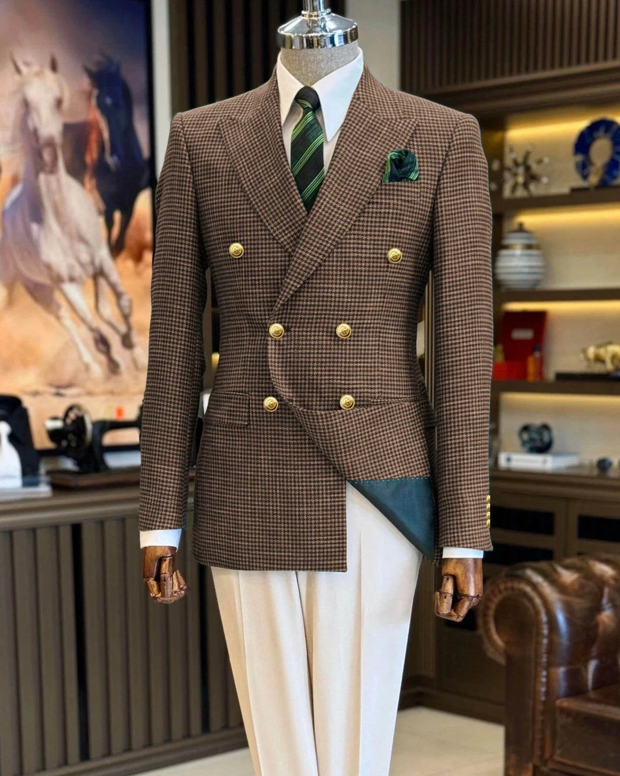 Double Breasted Houndstooth Peak Lapel Blazer