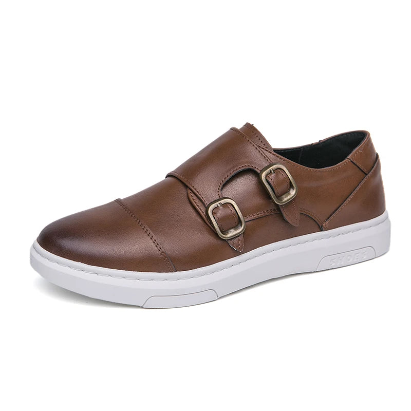 Double Buckle Casual Men Leather Shoes
