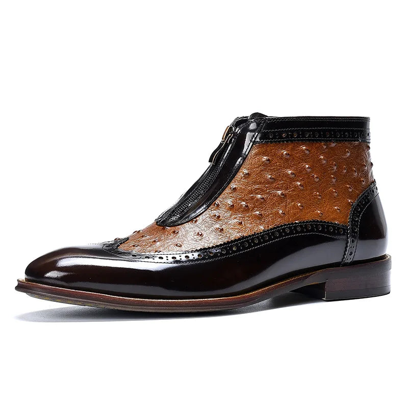 Ostrich Pattern Leather Wingtip Boots