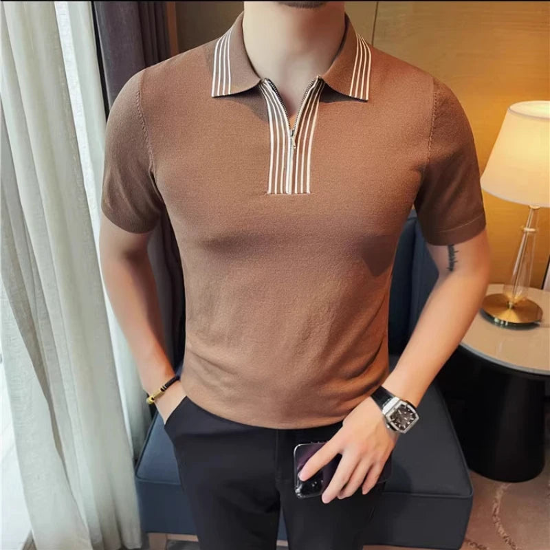 Striped Lapel Slim-Fit Men Polo Shirt