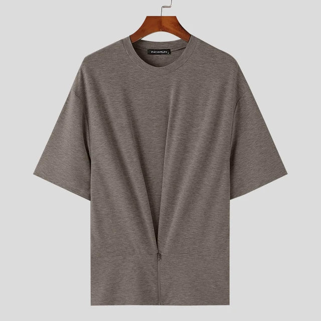 Irregular Solid O-Neck Zipper T-Shirt