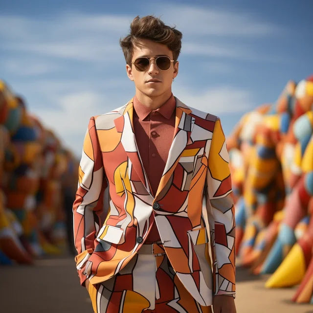 Color Block Lapel Digital Printed Suit