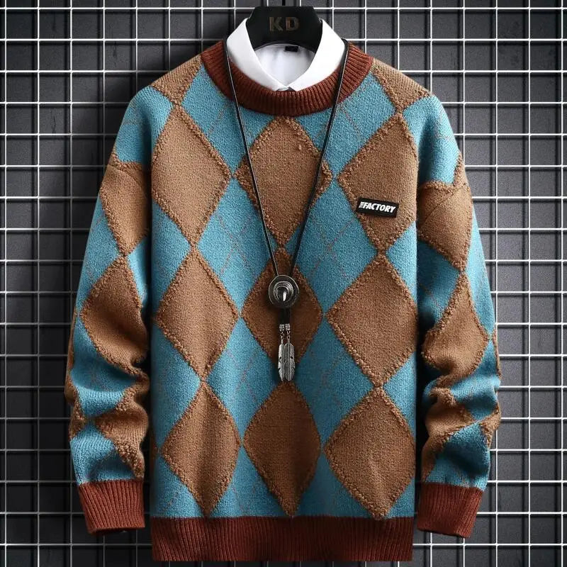 Diamond Plaid Contrast O-Neck Sweater