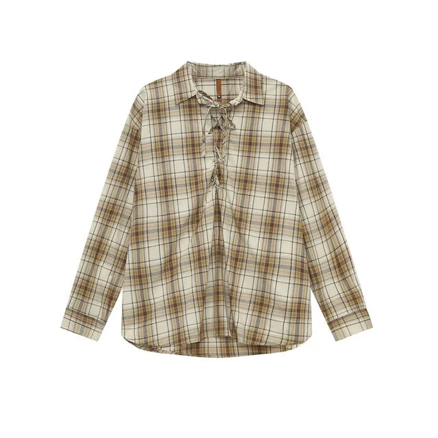 Casual Plaid Lace-up Loose Shirt