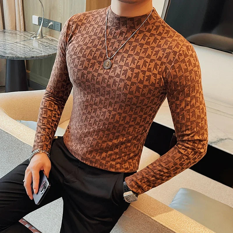 Jacquard Printed Turtleneck Fitted T-Shirt