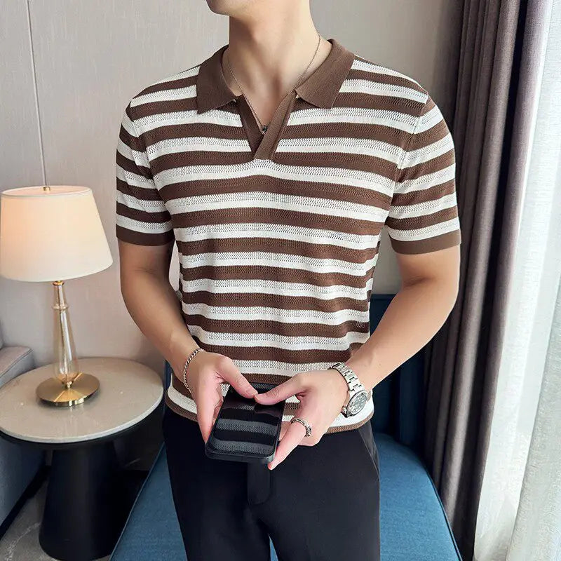 Striped V-Cut Short Sleeve Polo Shirt