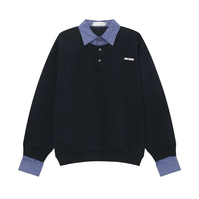 Plaid Patchwork Fake Two-piece Loose Sweatshirt