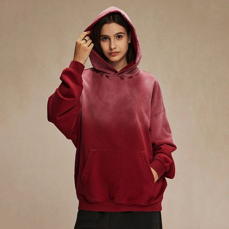 Gradient Color Little Ripped Loose Hoodie