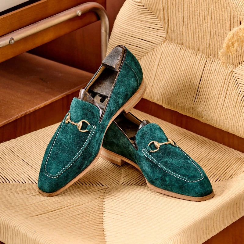 Metal Buckle Appliques Suede Leather Loafers