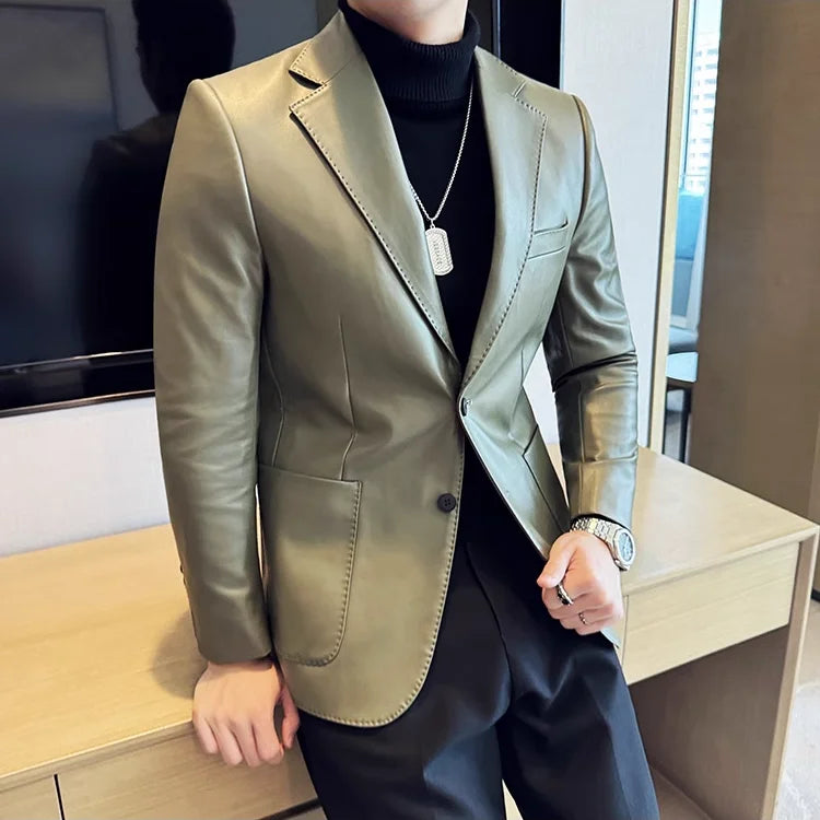 Solid Slim-Fit Faux Leather Men's Blazer