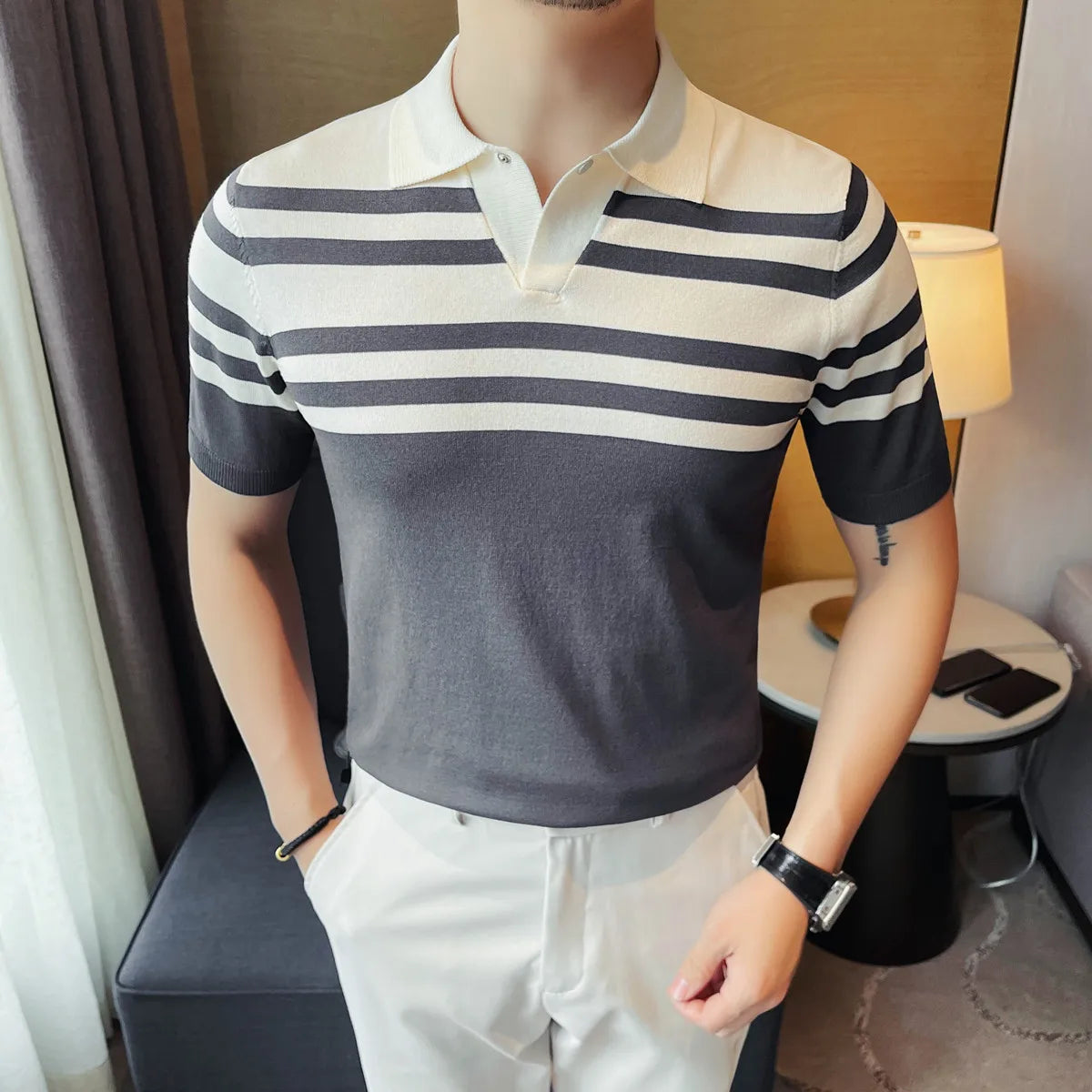 Knitted Vertical Striped Short Sleeved Polo Shirt