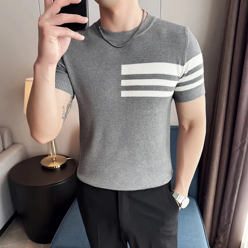 Striped Knitted Style Casual T-Shirt