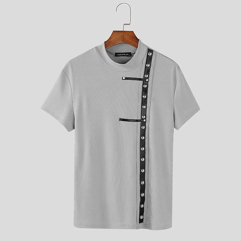 Spliced Metal Leather Buckle T-Shirt