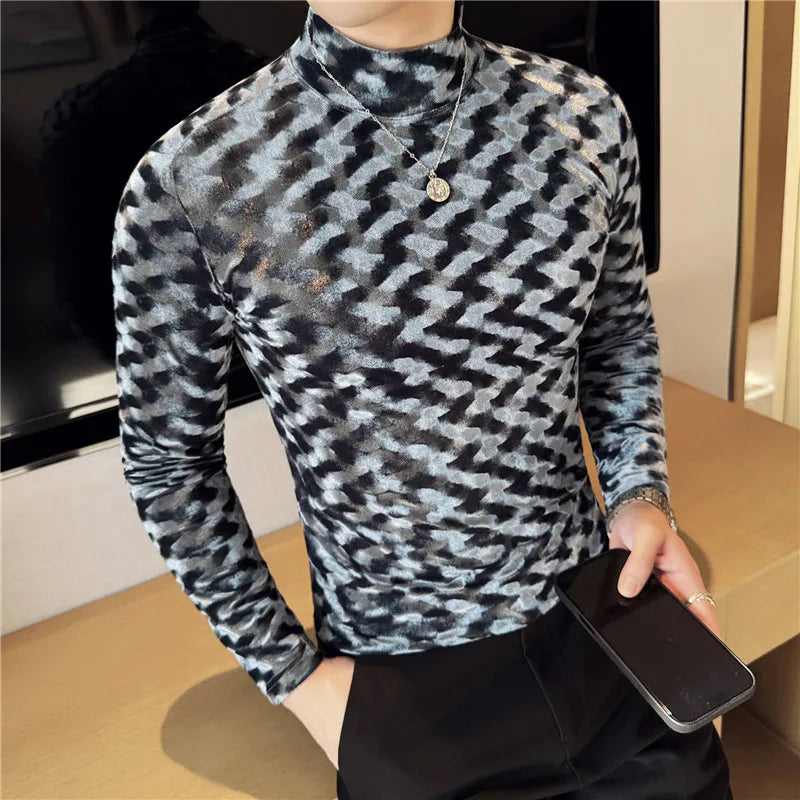 Geometric Slim-Fit Mock Neck T-Shirt