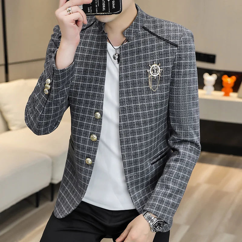 Thick Plaid Pattern Stand Collar Blazer