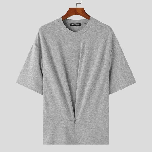 Irregular Solid O-Neck Zipper T-Shirt