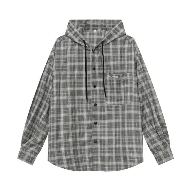 Plaid Drawstring Hooded Loose Shirt