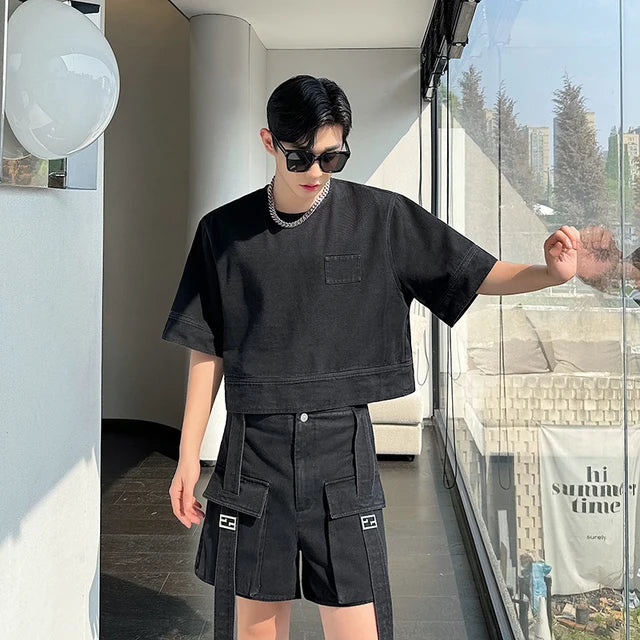 Solid Casual Denim Cargo Short Set