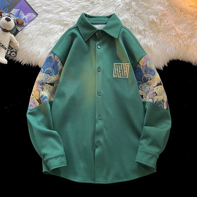 Embroidery Bear Patchwork Long Sleeve Shirt