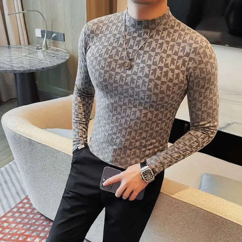 Jacquard Printed Turtleneck Fitted T-Shirt