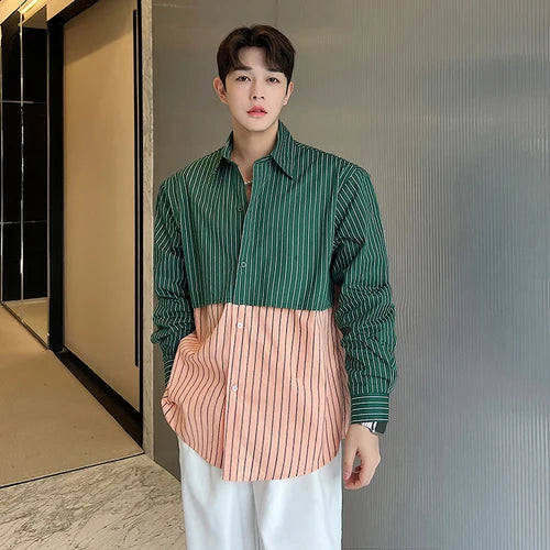 Striped Two-Tone Color Polyester Shirt