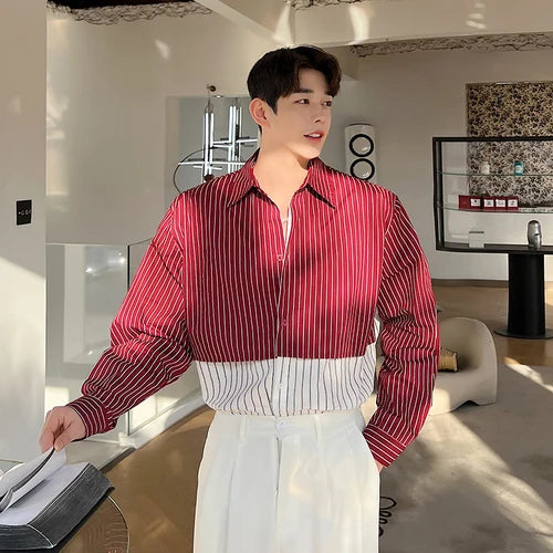 Striped Two-Tone Color Polyester Shirt