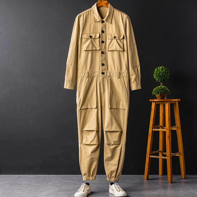 Solid Multi-pocket Workwear Jumpsuit