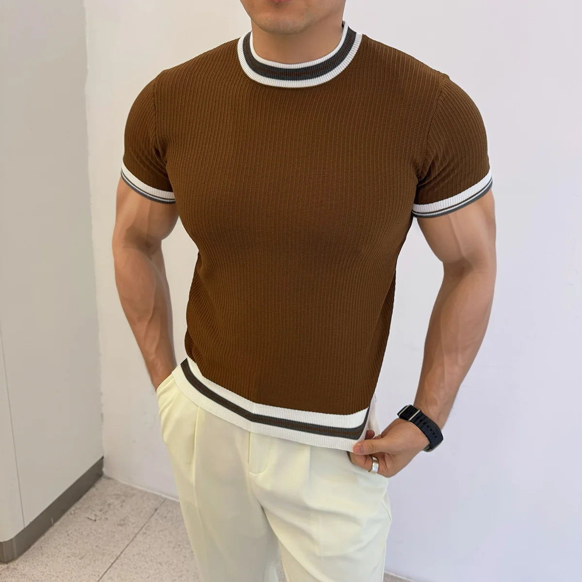Line Round Neck Casual Pullover T-Shirt