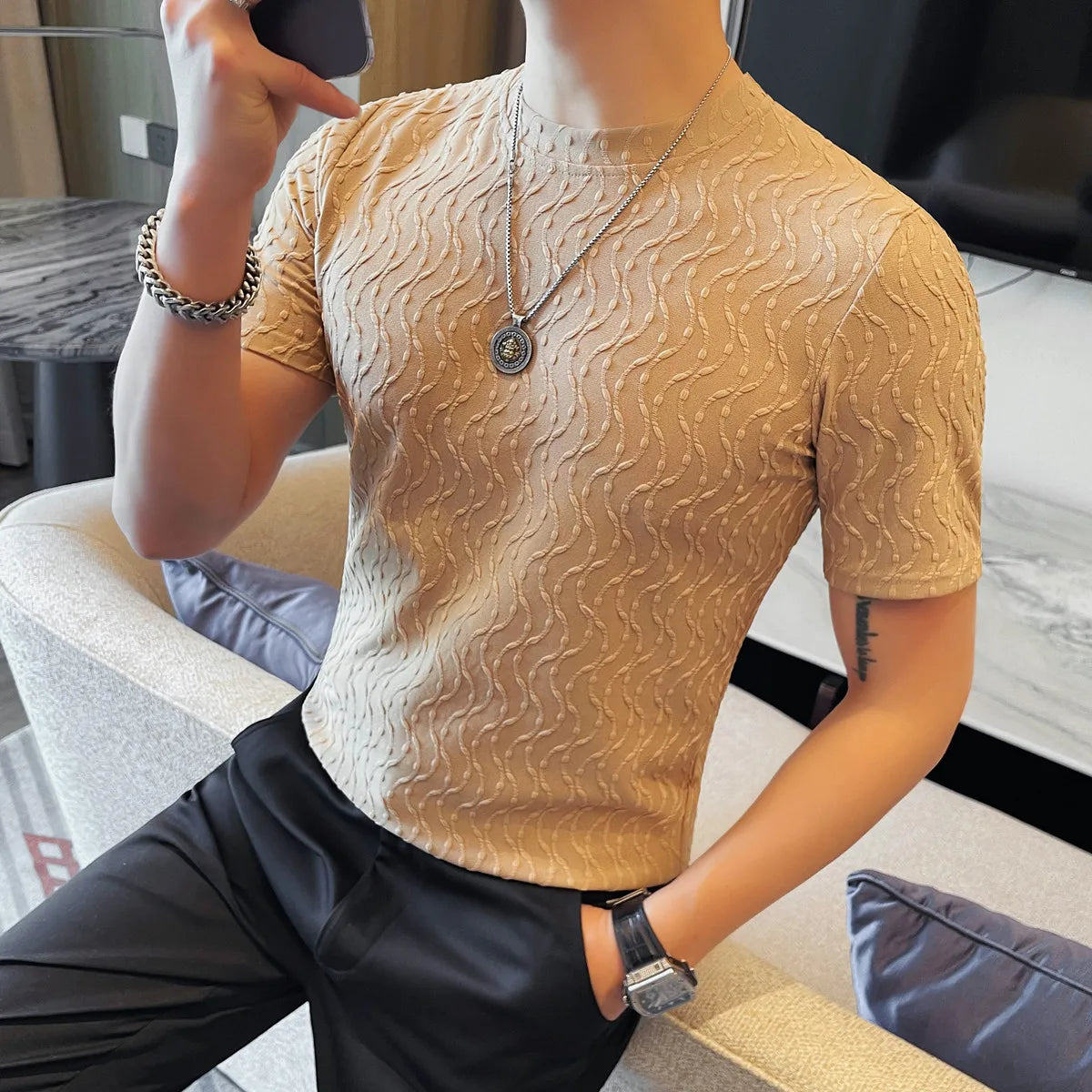 Slim-Fit Striped Ruffian Fashion T-Shirt