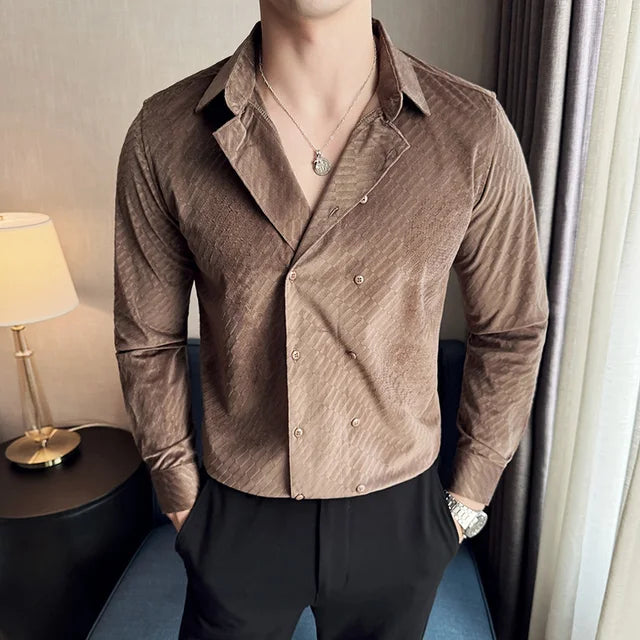 Solid Double Breasted Velvet Casual Shirt