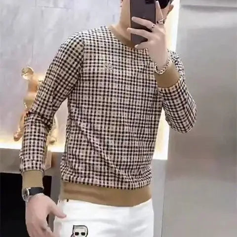 Slim-Fit Plaid Round Neck Casual Sweater