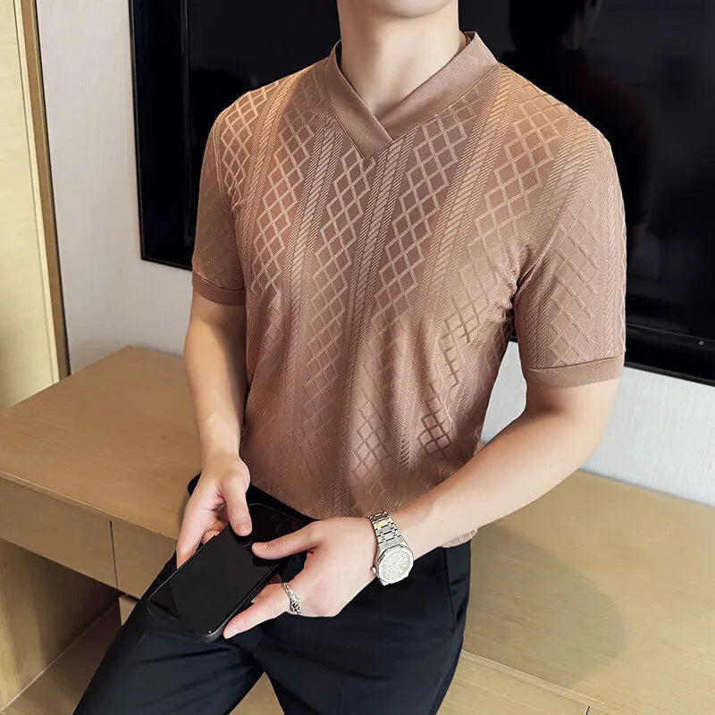 Geometric V-Neck Breathable T-Shirt