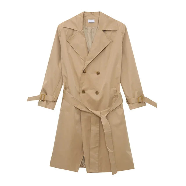 Belt Double-Breasted Solid Lapel Coat